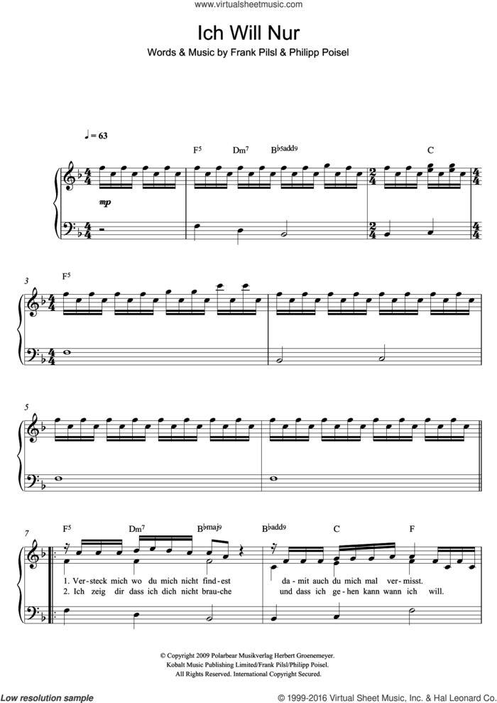 Ich Will Nur sheet music for piano solo by Philipp Poisel and Frank Pilsl, easy skill level