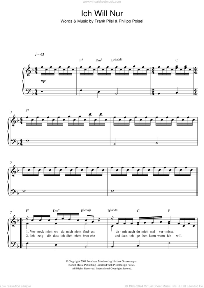 Ich Will Nur sheet music for piano solo by Philipp Poisel and Frank Pilsl, easy skill level