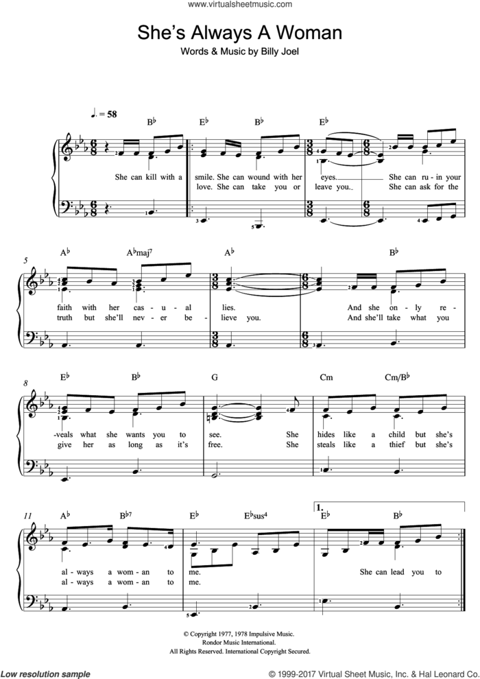She's Always A Woman sheet music for piano solo by Billy Joel, easy skill level