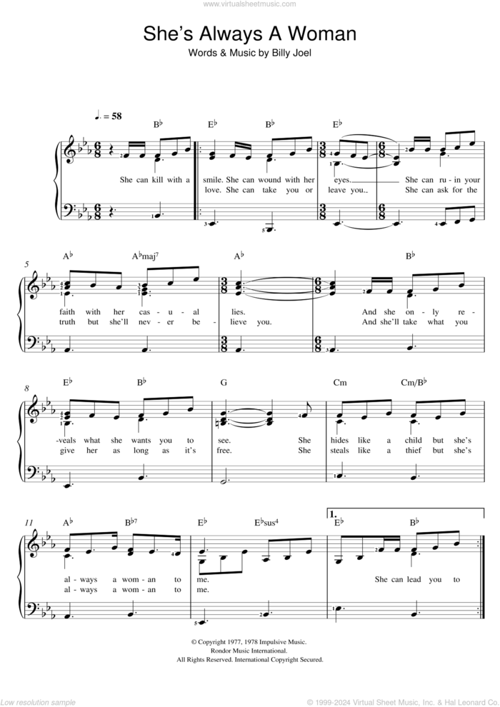 She's Always A Woman sheet music for piano solo by Billy Joel, easy skill level