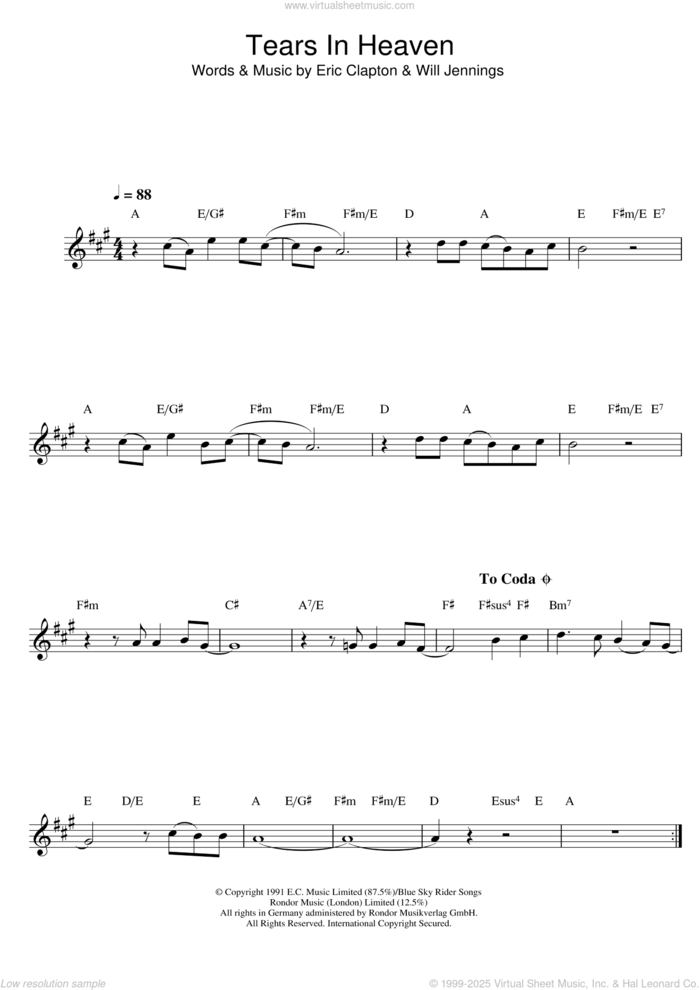 Tears In Heaven sheet music for tenor saxophone solo by Eric Clapton and Will Jennings, intermediate skill level