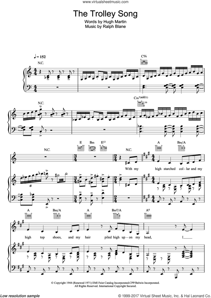 The Trolley Song (from 'Meet Me In St. Louis') sheet music for voice, piano or guitar by Judy Garland, Hugh Martin and Ralph Blane, intermediate skill level