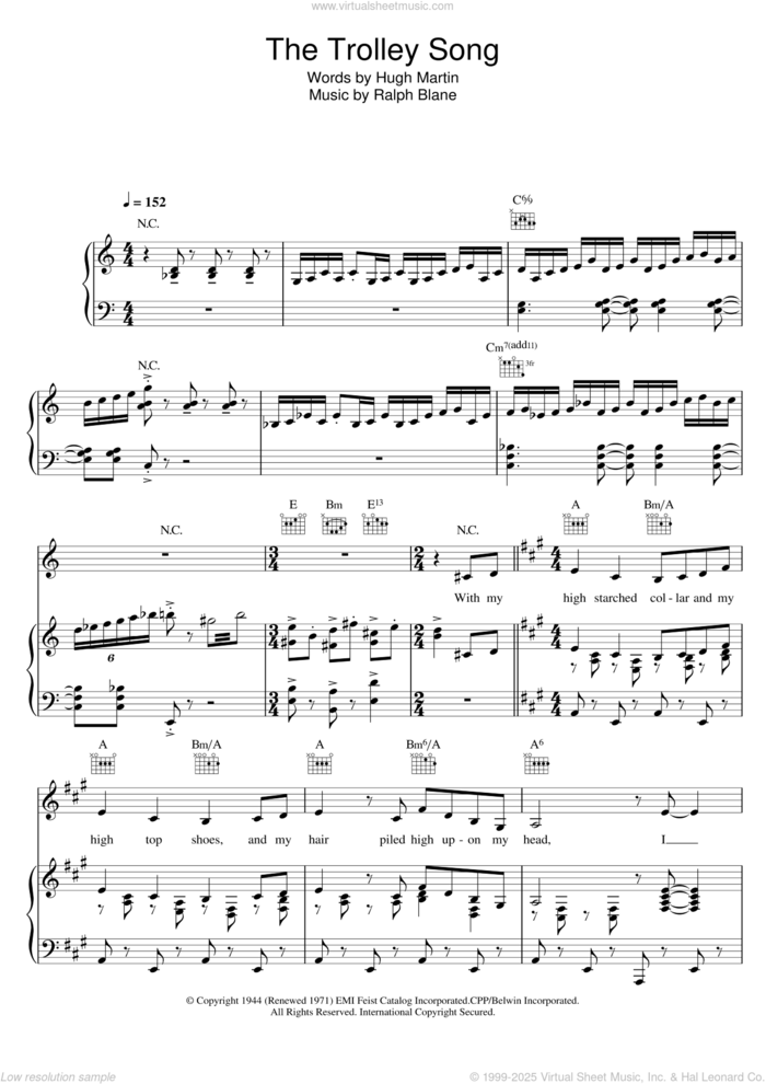 The Trolley Song (from 'Meet Me In St. Louis') sheet music for voice, piano or guitar by Judy Garland, Hugh Martin and Ralph Blane, intermediate skill level