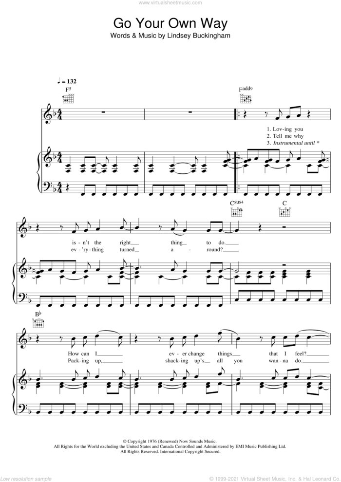 Go Your Own Way sheet music for voice, piano or guitar by Fleetwood Mac and Lindsey Buckingham, intermediate skill level