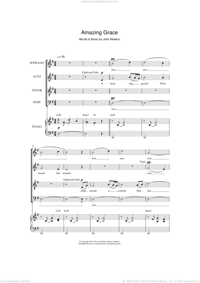 Amazing Grace sheet music for choir (SATB: soprano, alto, tenor, bass) by John Newton and Miscellaneous, intermediate skill level