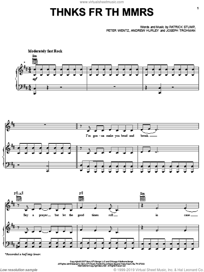 Thnks Fr Th Mmrs sheet music for voice, piano or guitar by Fall Out Boy, Andrew Hurley, Joseph Trohman, Patrick Stump and Peter Wentz, intermediate skill level