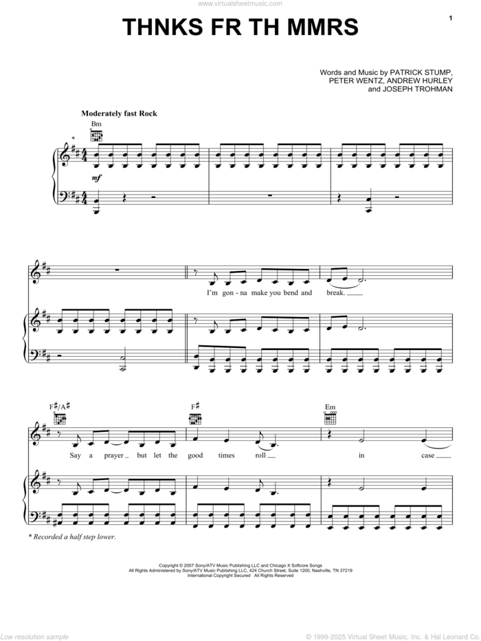 Thnks Fr Th Mmrs sheet music for voice, piano or guitar by Fall Out Boy, Andrew Hurley, Joseph Trohman, Patrick Stump and Peter Wentz, intermediate skill level