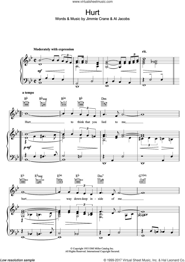 Hurt sheet music for voice, piano or guitar by Elvis Presley, Al Jacobs and Jimmie Crane, intermediate skill level