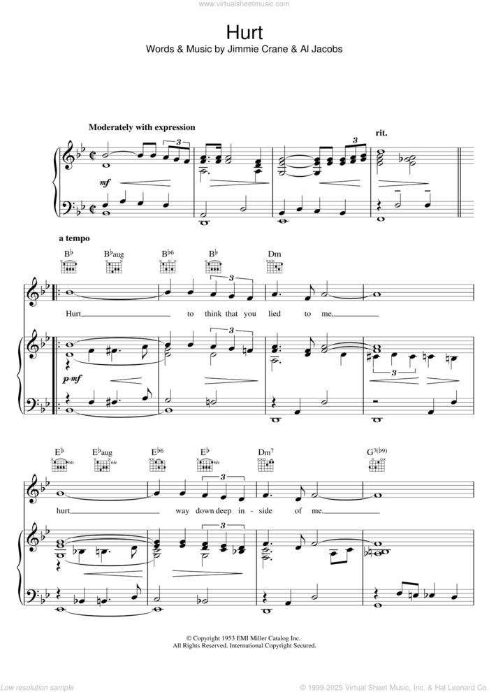 Hurt sheet music for voice, piano or guitar by Elvis Presley, Al Jacobs and Jimmie Crane, intermediate skill level