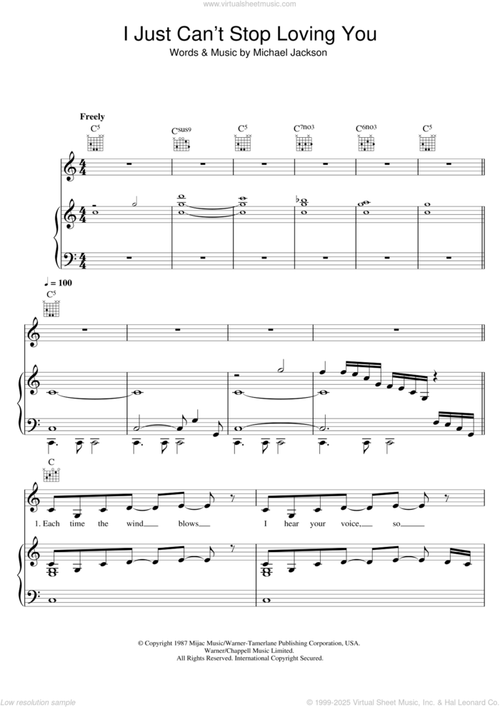 I Just Can't Stop Loving You sheet music for voice, piano or guitar by Michael Jackson and Siedah Garrett, intermediate skill level