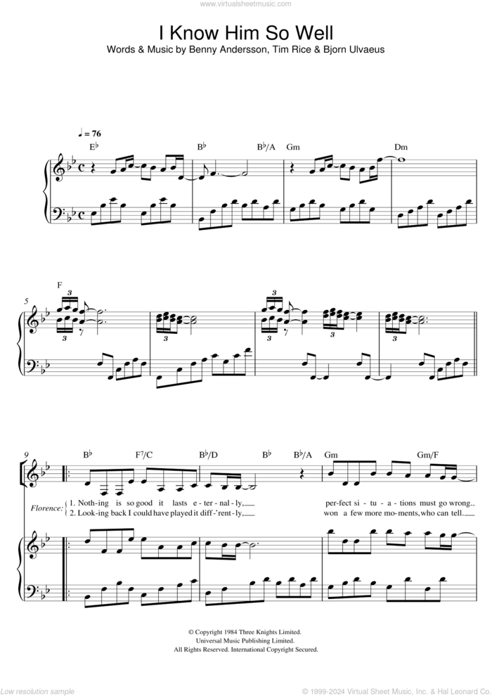 I Know Him So Well (from Chess) sheet music for voice and piano by Tim Rice, Benny Andersson, Benny Andersson, Tim Rice and Bjorn Ulvaeus and Bjorn Ulvaeus, intermediate skill level