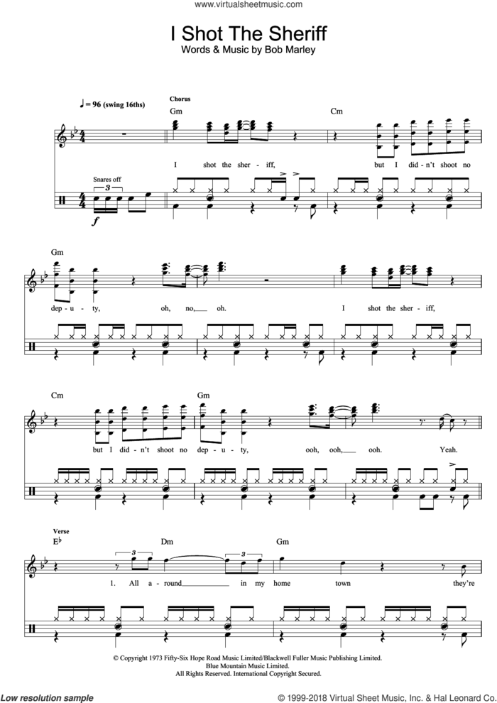 I Shot The Sheriff sheet music for drums (percussions) by Bob Marley, intermediate skill level