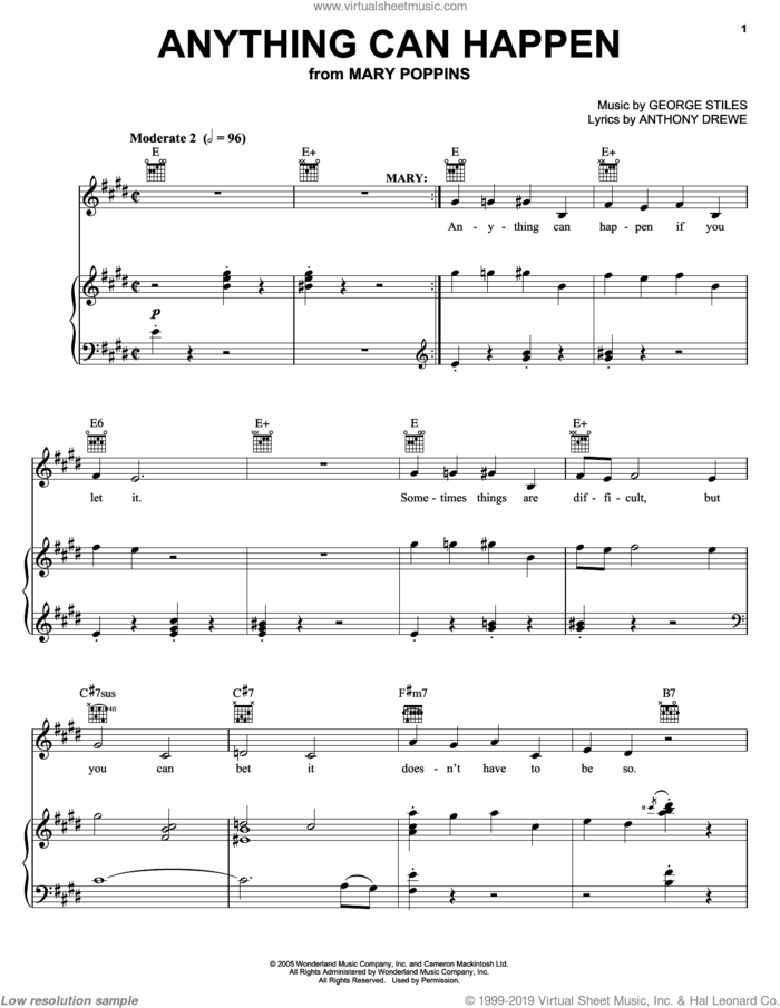 Anything Can Happen sheet music for voice, piano or guitar by Anthony Drewe, Mary Poppins (Musical) and George Stiles, intermediate skill level
