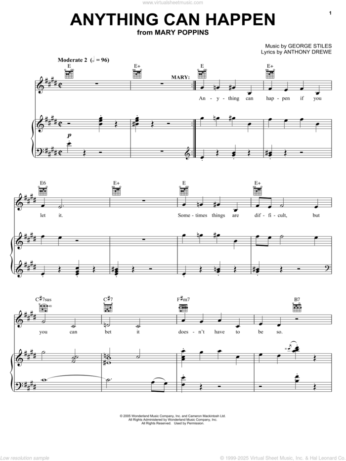 Anything Can Happen sheet music for voice, piano or guitar by Anthony Drewe, Mary Poppins (Musical) and George Stiles, intermediate skill level