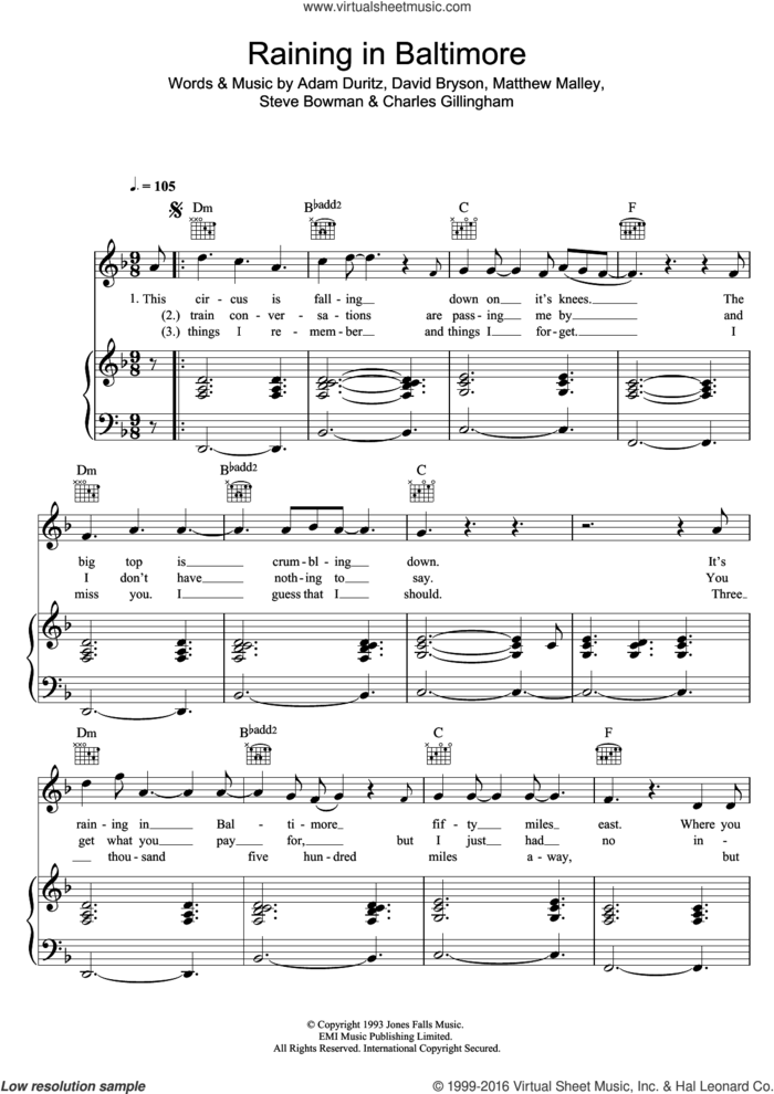 Raining In Baltimore sheet music for voice, piano or guitar by Counting Crows, Adam Duritz, Charles Gillingham, David Bryson, Matthew Malley and Steve Bowman, intermediate skill level