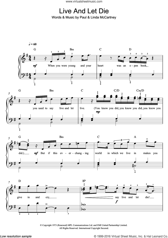 Live And Let Die, (easy) sheet music for piano solo by Wings, Paul McCartney and Linda McCartney, easy skill level