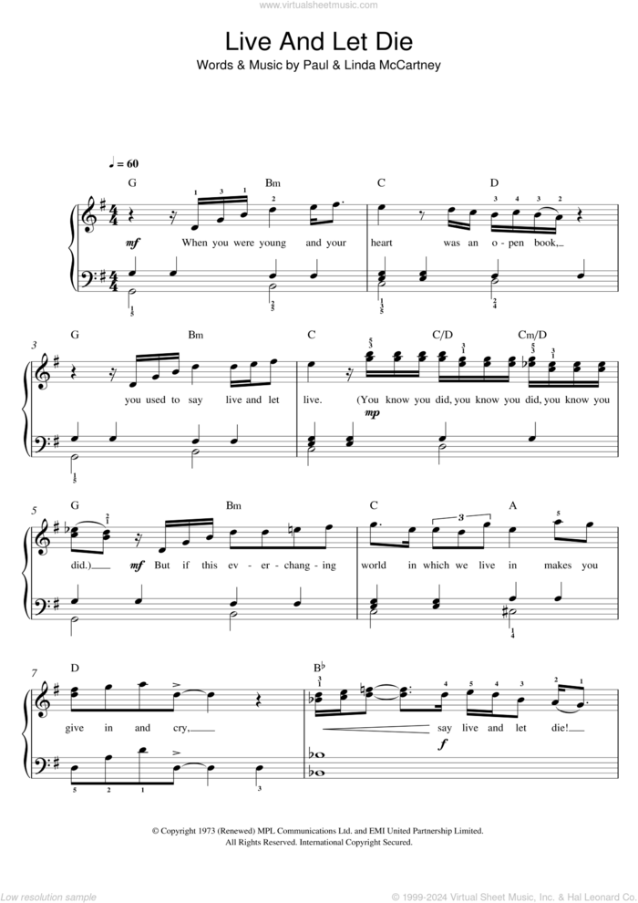 Live And Let Die, (easy) sheet music for piano solo by Wings, Paul McCartney and Linda McCartney, easy skill level