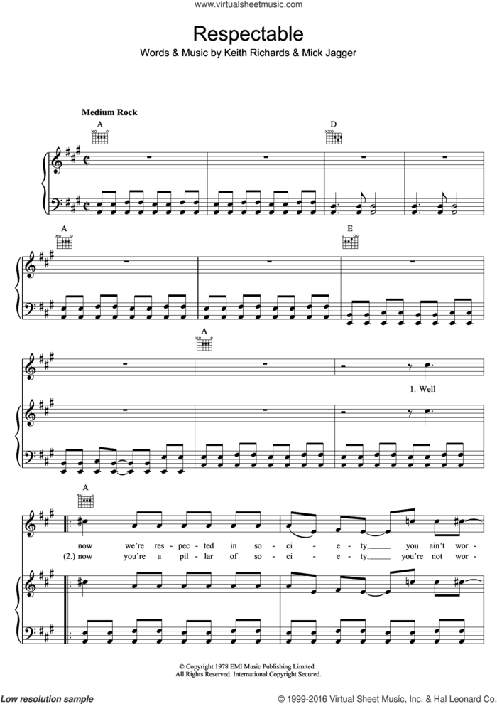 Respectable sheet music for voice, piano or guitar by The Rolling Stones, Keith Richards and Mick Jagger, intermediate skill level