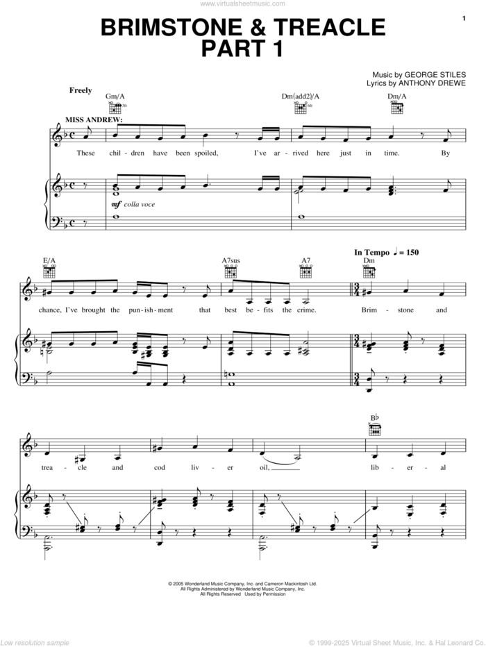 Brimstone and Treacle Part 1 sheet music for voice, piano or guitar by Anthony Drewe, Mary Poppins (Musical) and George Stiles, intermediate skill level