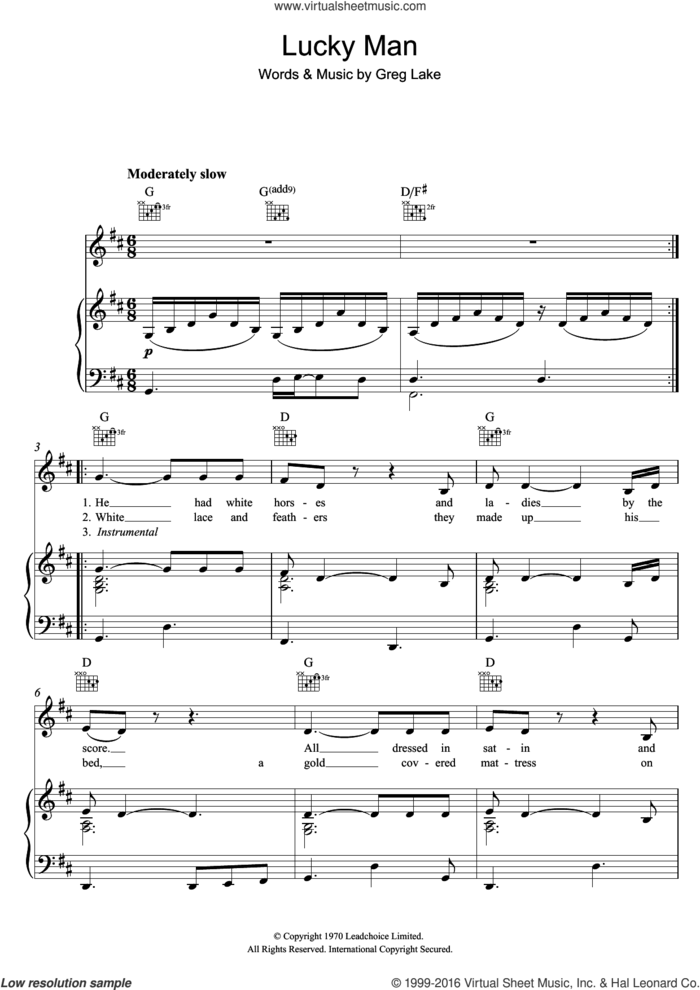 Lucky Man sheet music for voice, piano or guitar by Emerson, Lake & Palmer and Greg Lake, intermediate skill level