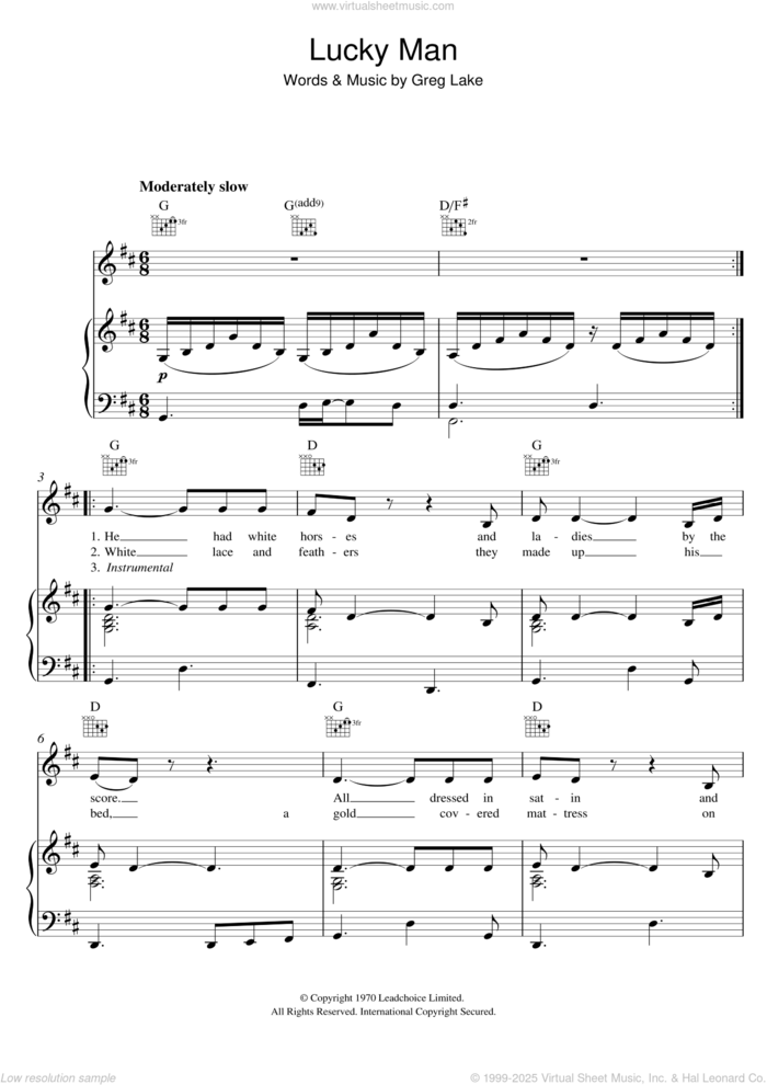 Lucky Man sheet music for voice, piano or guitar by Emerson, Lake & Palmer and Greg Lake, intermediate skill level