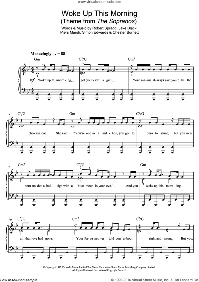 Woke Up This Morning (Theme from The Sopranos) sheet music for piano solo by Alabama 3, Chester Burnett, Jake Black, Piers Marsh, Robert Spragg and Simon Edwards, easy skill level