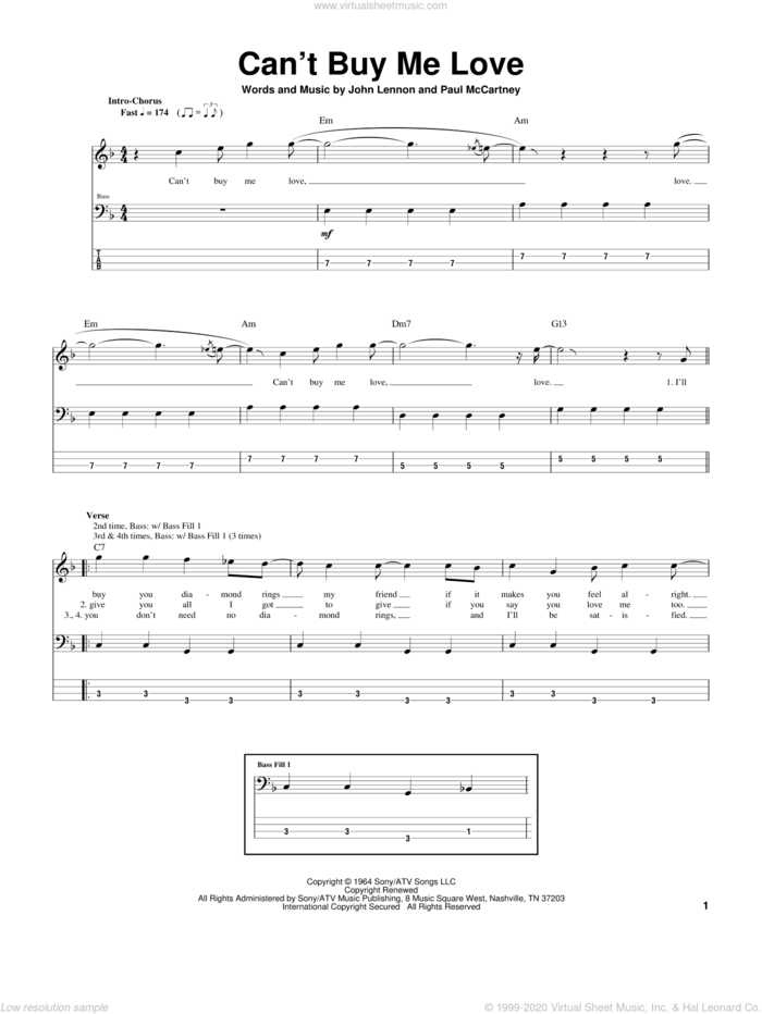 Can't Buy Me Love sheet music for bass (tablature) (bass guitar) by The Beatles, John Lennon and Paul McCartney, intermediate skill level