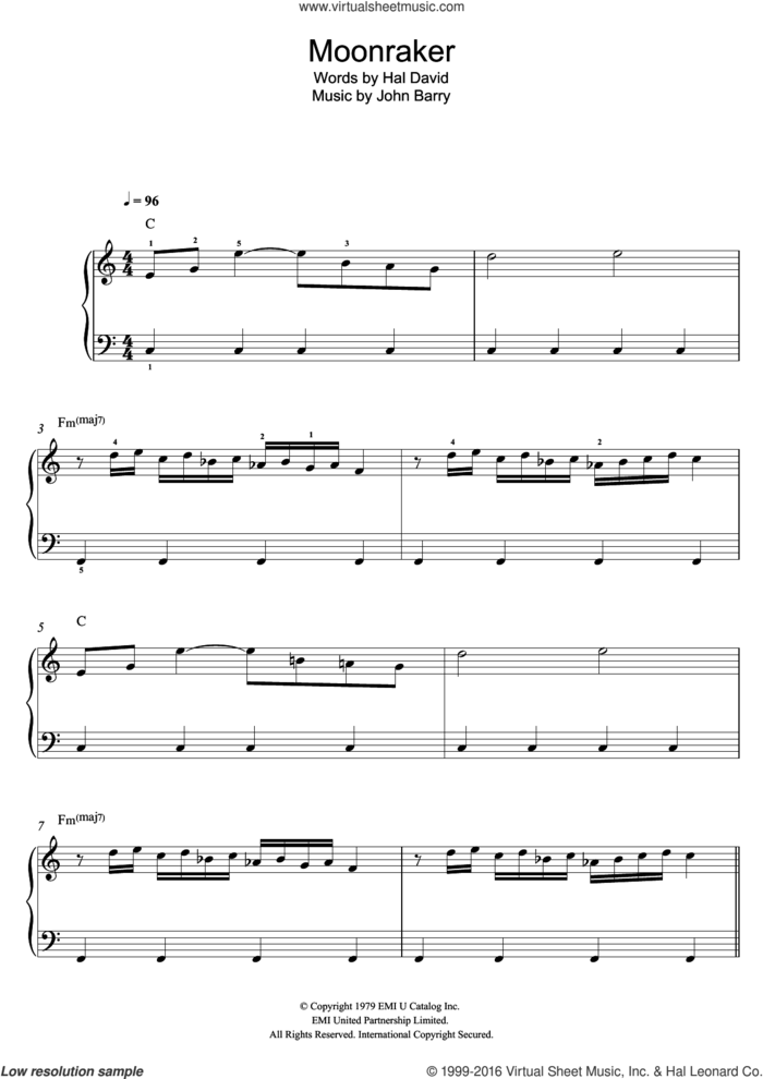 Moonraker, (easy) sheet music for piano solo by Shirley Bassey, Hal David and John Barry, easy skill level