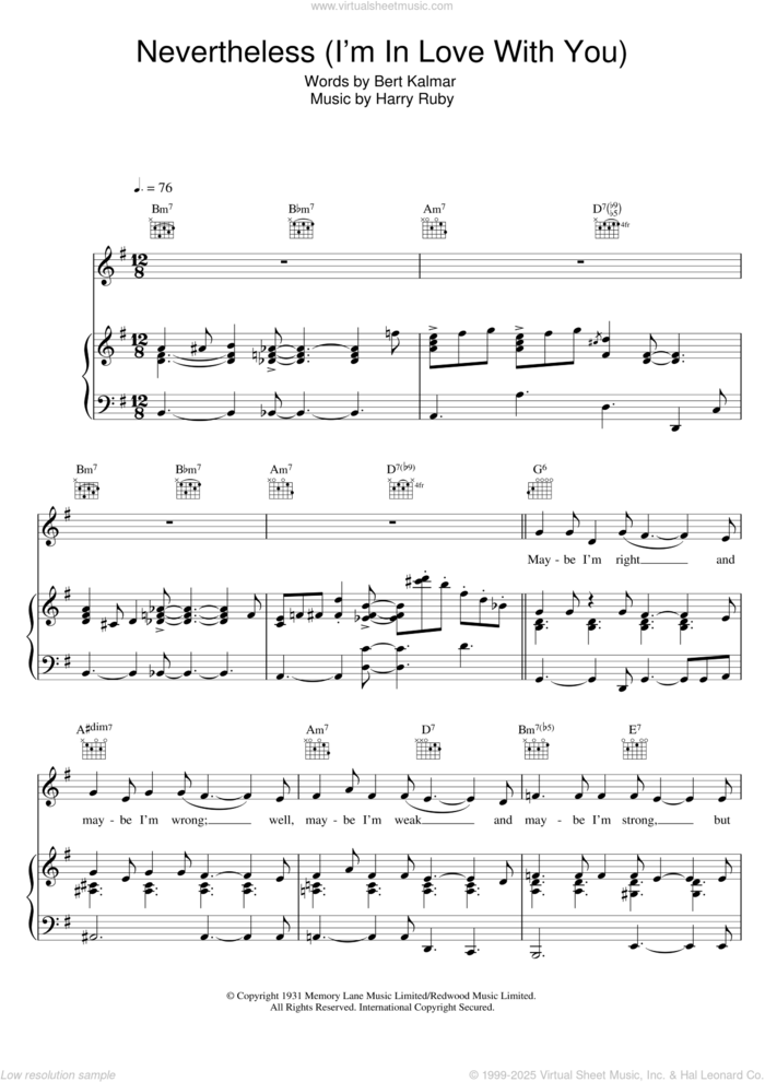 Nevertheless (I'm In Love With You) sheet music for voice, piano or guitar by Michael Buble, Bert Kalmar and Harry Ruby, intermediate skill level