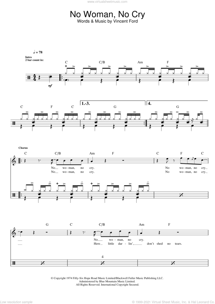 No Woman, No Cry sheet music for drums (percussions) by Bob Marley and Vincent Ford, intermediate skill level