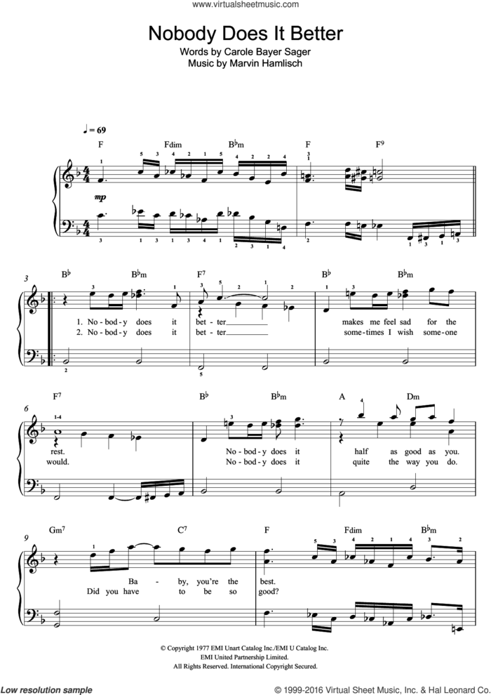 Nobody Does It Better, (easy) sheet music for piano solo by Carly Simon, Carole Bayer Sager and Marvin Hamlisch, easy skill level