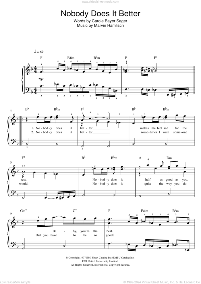 Nobody Does It Better, (easy) sheet music for piano solo by Carly Simon, Carole Bayer Sager and Marvin Hamlisch, easy skill level