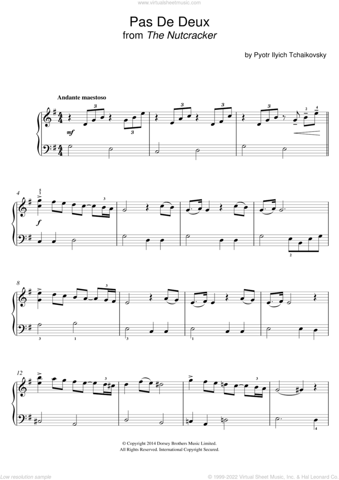 Pas De Deux sheet music for piano solo by Pyotr Ilyich Tchaikovsky, classical score, easy skill level