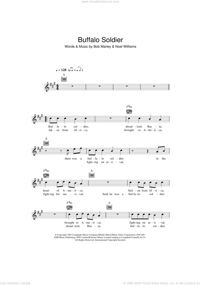Buffalo Soldier sheet music for voice and other instruments (fake book) by Bob Marley and Noel Williams, intermediate skill level