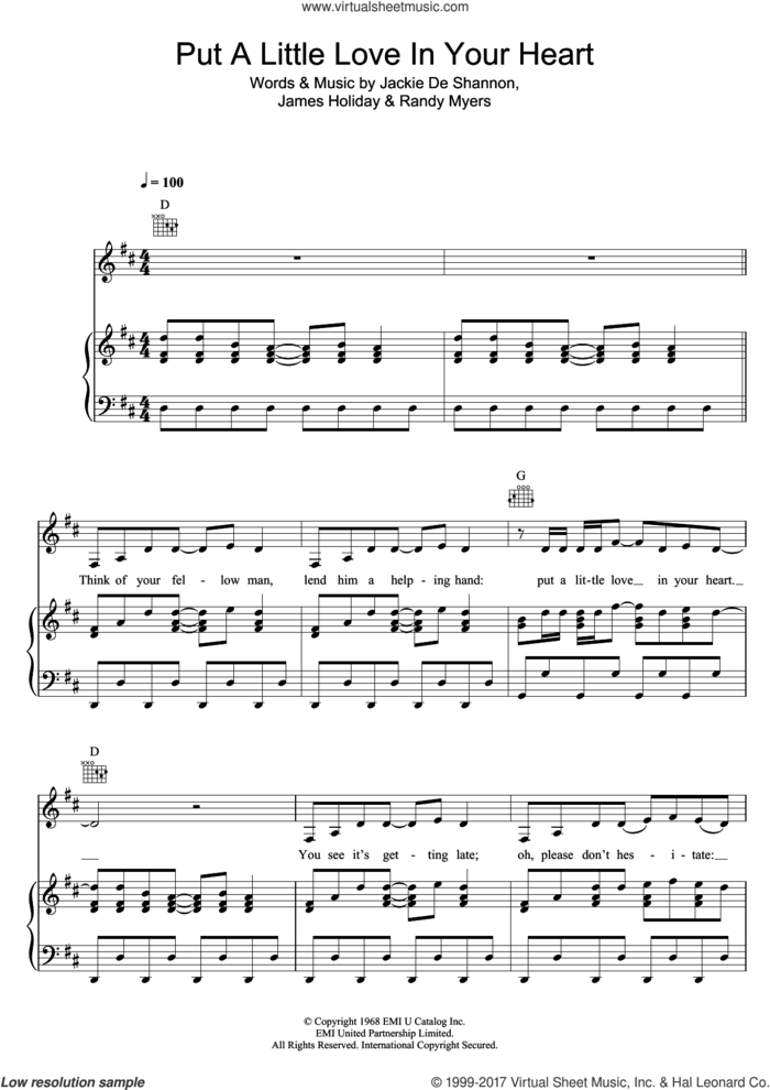 Put A Little Love In Your Heart sheet music for voice, piano or guitar by Jackie DeShannon, James Holiday and Randy Myers, intermediate skill level