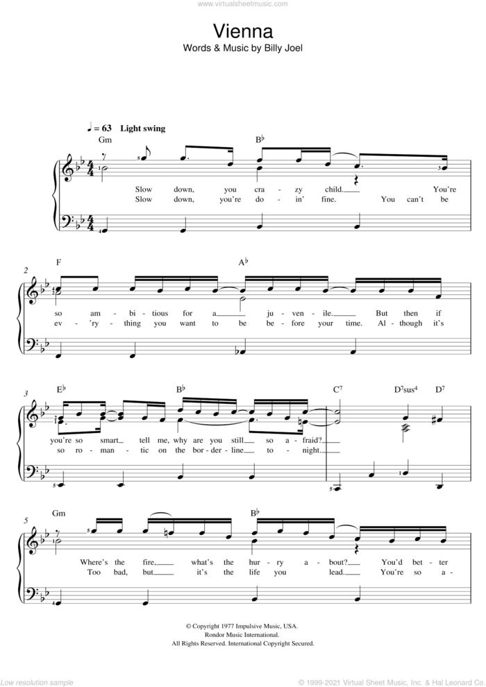 Vienna sheet music for voice and piano by Billy Joel, intermediate skill level