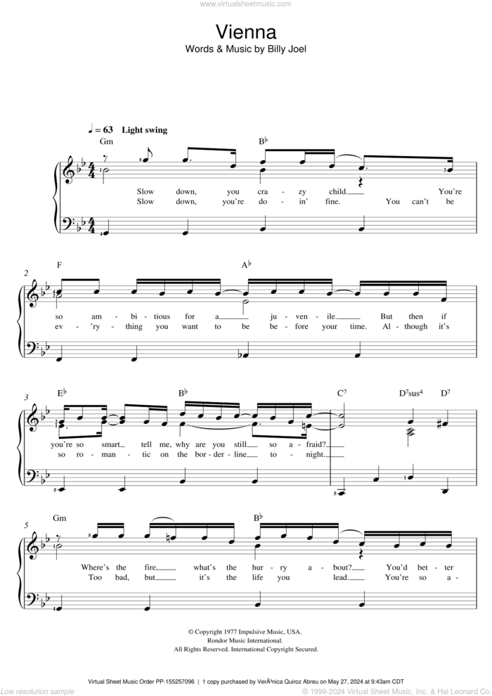 Vienna sheet music for voice and piano by Billy Joel, intermediate skill level