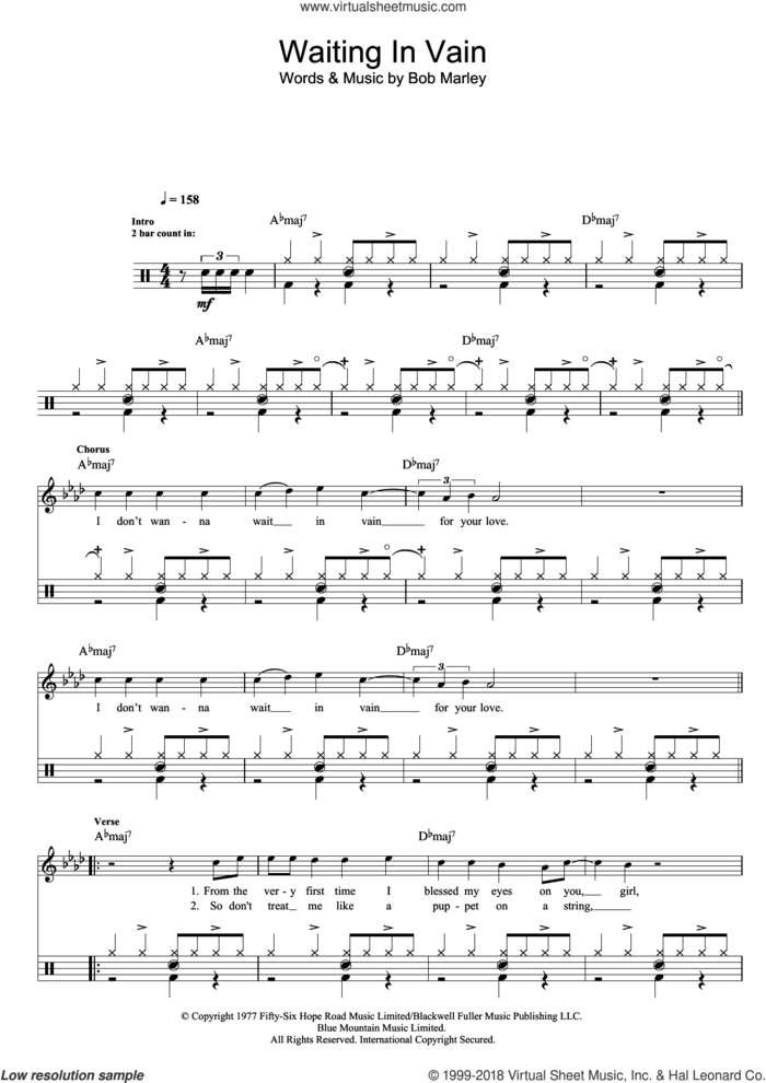 Waiting In Vain sheet music for drums (percussions) by Bob Marley, Annie Lennox and Bob Marley and The Wailers, intermediate skill level