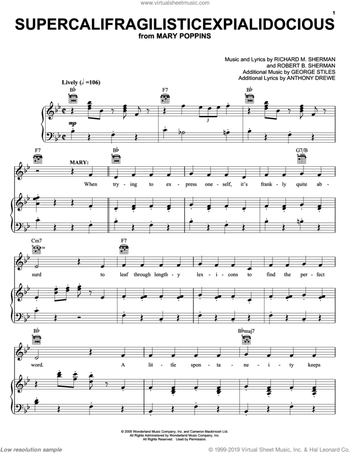Supercalifragilisticexpialidocious (from Mary Poppins) sheet music for voice, piano or guitar by Sherman Brothers, Mary Poppins (Musical), Anthony Drewe, George Stiles, Richard M. Sherman and Robert B. Sherman, intermediate skill level