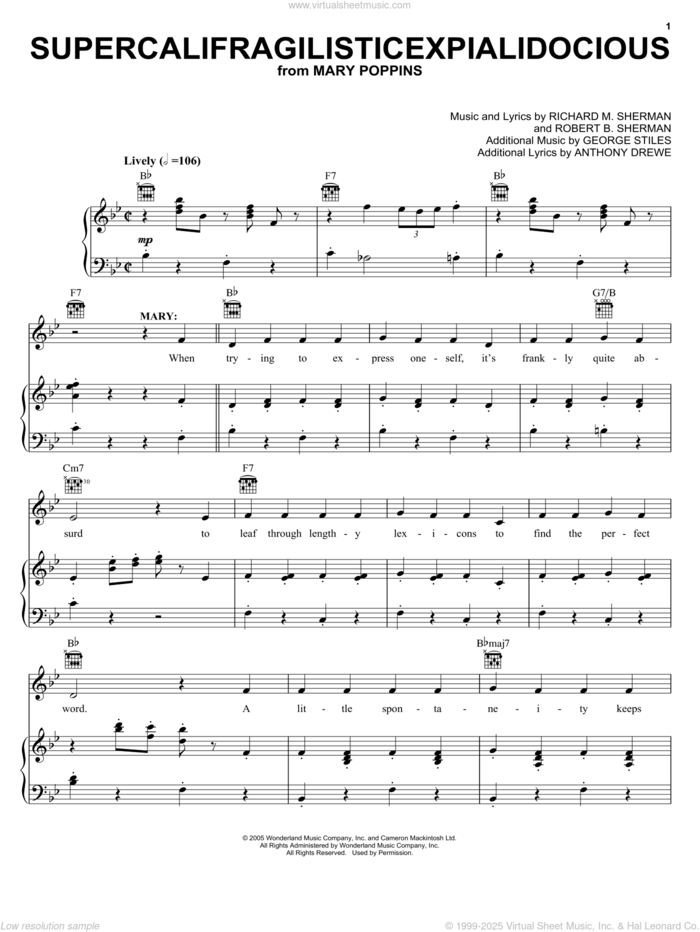 Supercalifragilisticexpialidocious (from Mary Poppins) sheet music for voice, piano or guitar by Sherman Brothers, Mary Poppins (Musical), Anthony Drewe, George Stiles, Richard M. Sherman and Robert B. Sherman, intermediate skill level