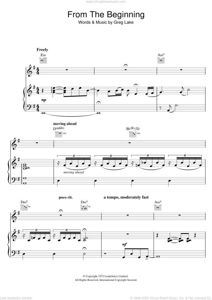 From The Beginning sheet music for voice, piano or guitar by Emerson, Lake & Palmer and Greg Lake, intermediate skill level