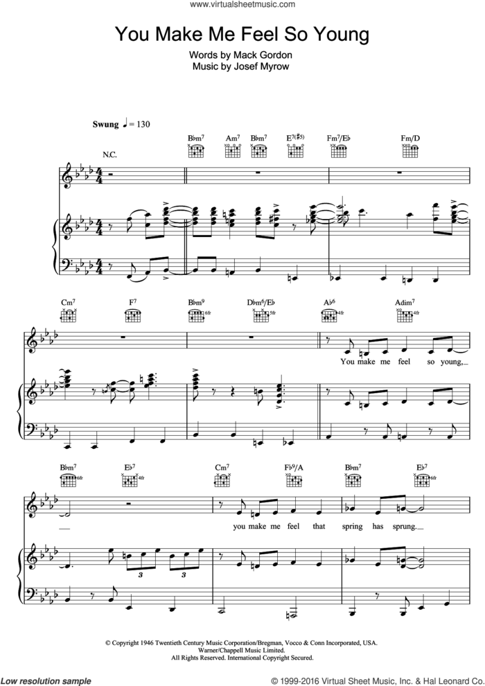 You Make Me Feel So Young sheet music for voice, piano or guitar by Michael Buble, Frank Sinatra, Josef Myrow and Mack Gordon, intermediate skill level