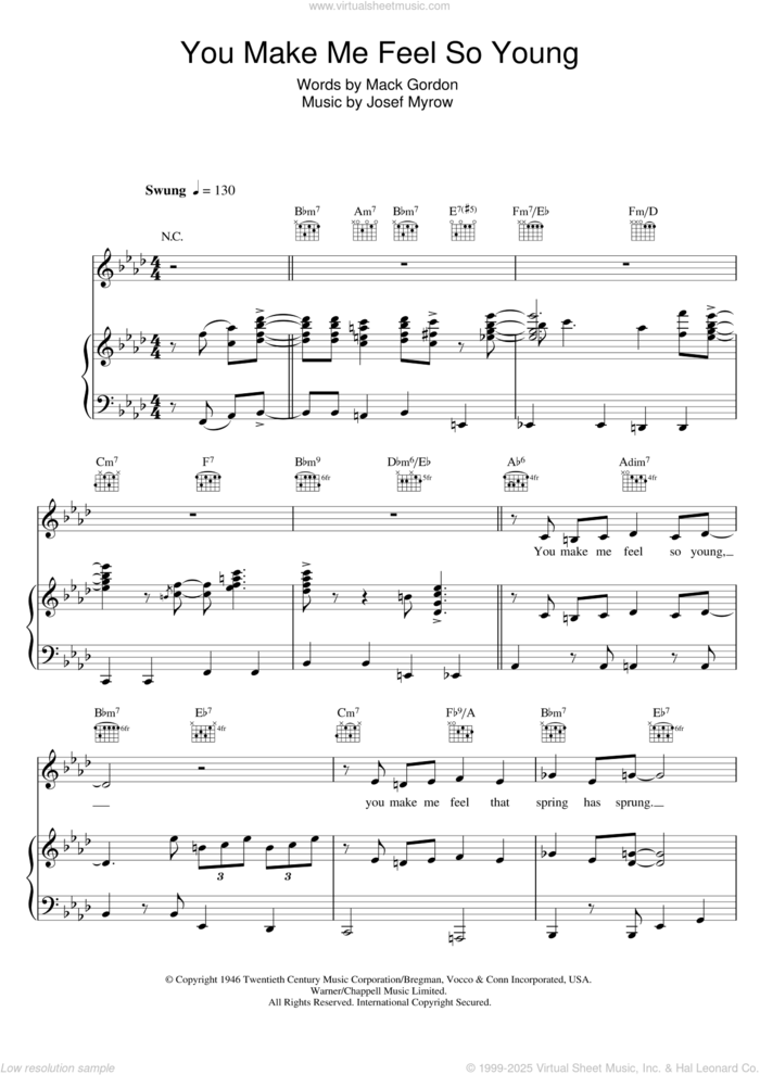 You Make Me Feel So Young sheet music for voice, piano or guitar by Michael Buble, Frank Sinatra, Josef Myrow and Mack Gordon, intermediate skill level