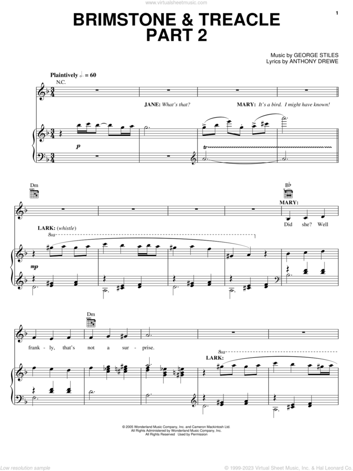 Brimstone and Treacle Part 2 sheet music for voice, piano or guitar by Anthony Drewe, Mary Poppins (Musical) and George Stiles, intermediate skill level
