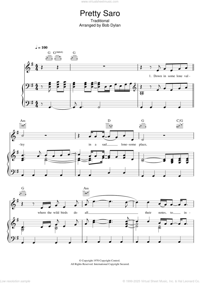 Pretty Saro sheet music for voice, piano or guitar by Bob Dylan and Miscellaneous, intermediate skill level