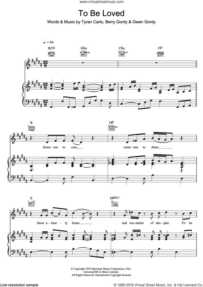 To Be Loved sheet music for voice, piano or guitar by Michael Buble, Jackie Wilson, Berry Gordy, Gwen Gordy and Tyran Carlo, intermediate skill level