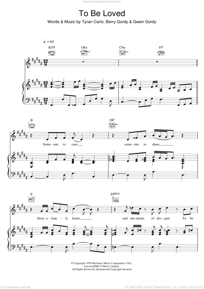 To Be Loved sheet music for voice, piano or guitar by Michael Buble, Jackie Wilson, Berry Gordy, Gwen Gordy and Tyran Carlo, intermediate skill level