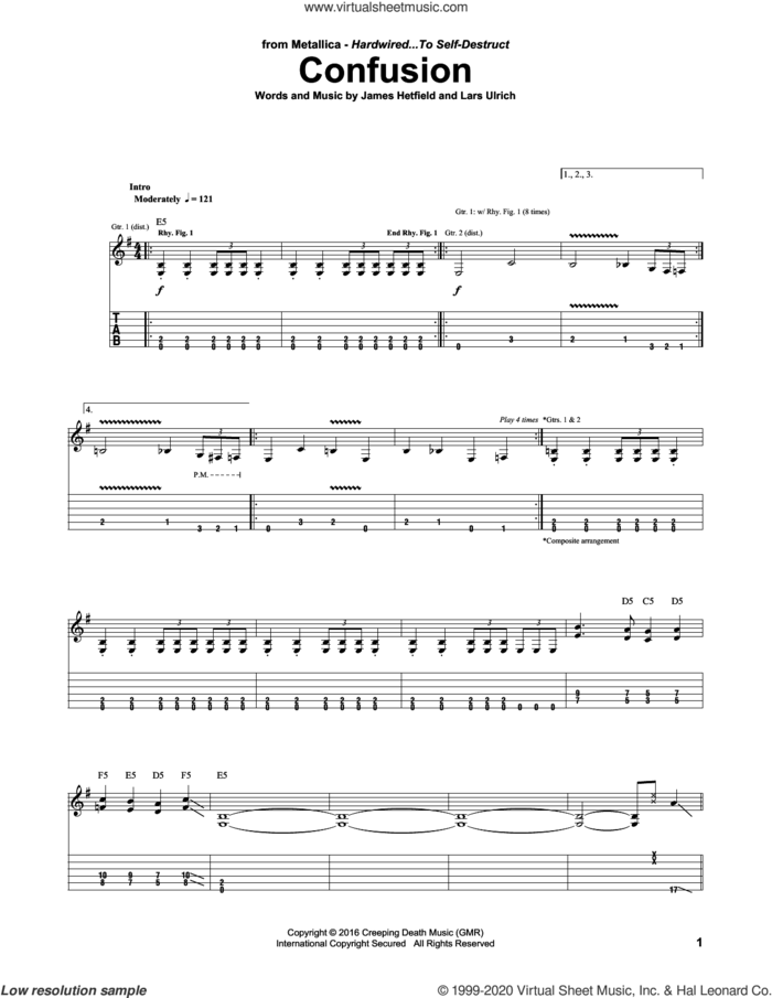 Confusion sheet music for guitar (tablature) by Metallica, James Hetfield and Lars Ulrich, intermediate skill level
