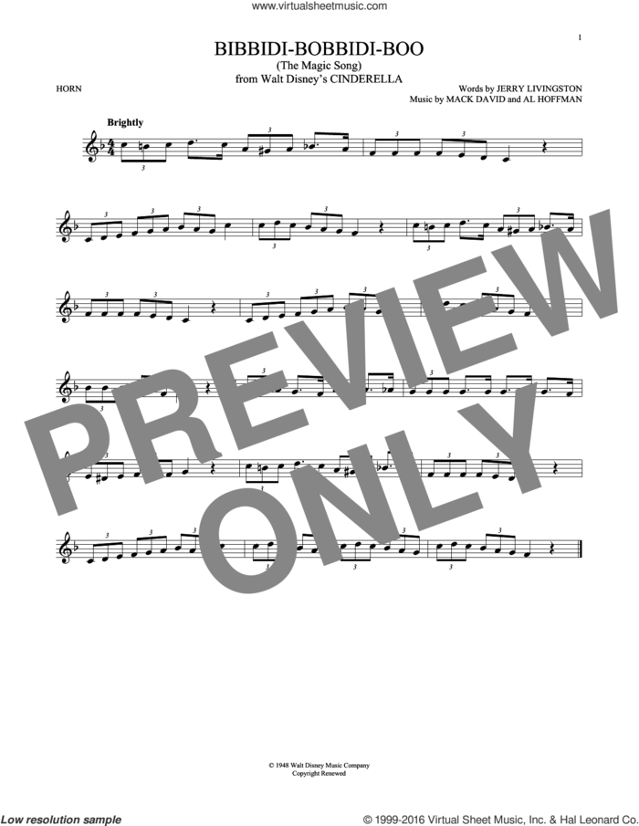Bibbidi-Bobbidi-Boo (The Magic Song) (from Cinderella) sheet music for horn solo by Verna Felton, Al Hoffman, Jerry Livingston and Mack David, intermediate skill level