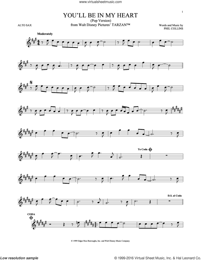 You'll Be In My Heart (Pop Version) (from Tarzan) sheet music for alto saxophone solo by Phil Collins, intermediate skill level
